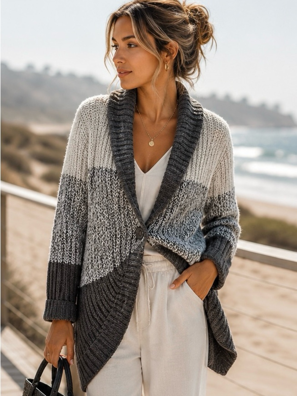 BCBGMAXAZRIA Merino Wool Colorblock Belted Cardigan Sweater M